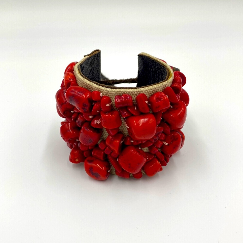 * 𝒮𝒪𝐿𝒟 *  Coral and Leather Bracelet, Lucky Brand, Adjustable, Unisex